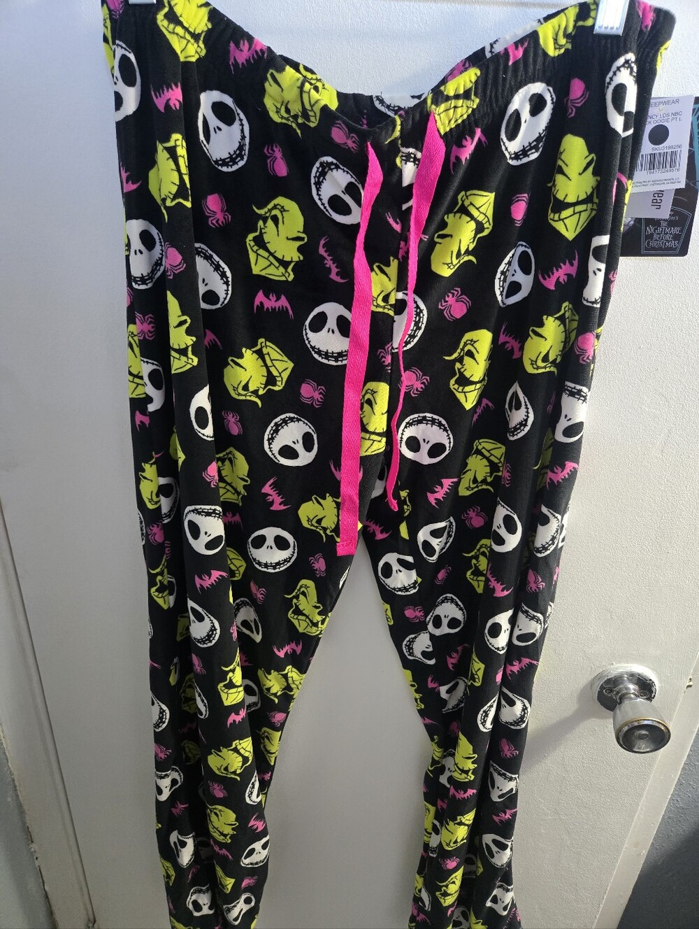 Women Black Pajama Pants with Neon Pink & Yellow Character Print Size L